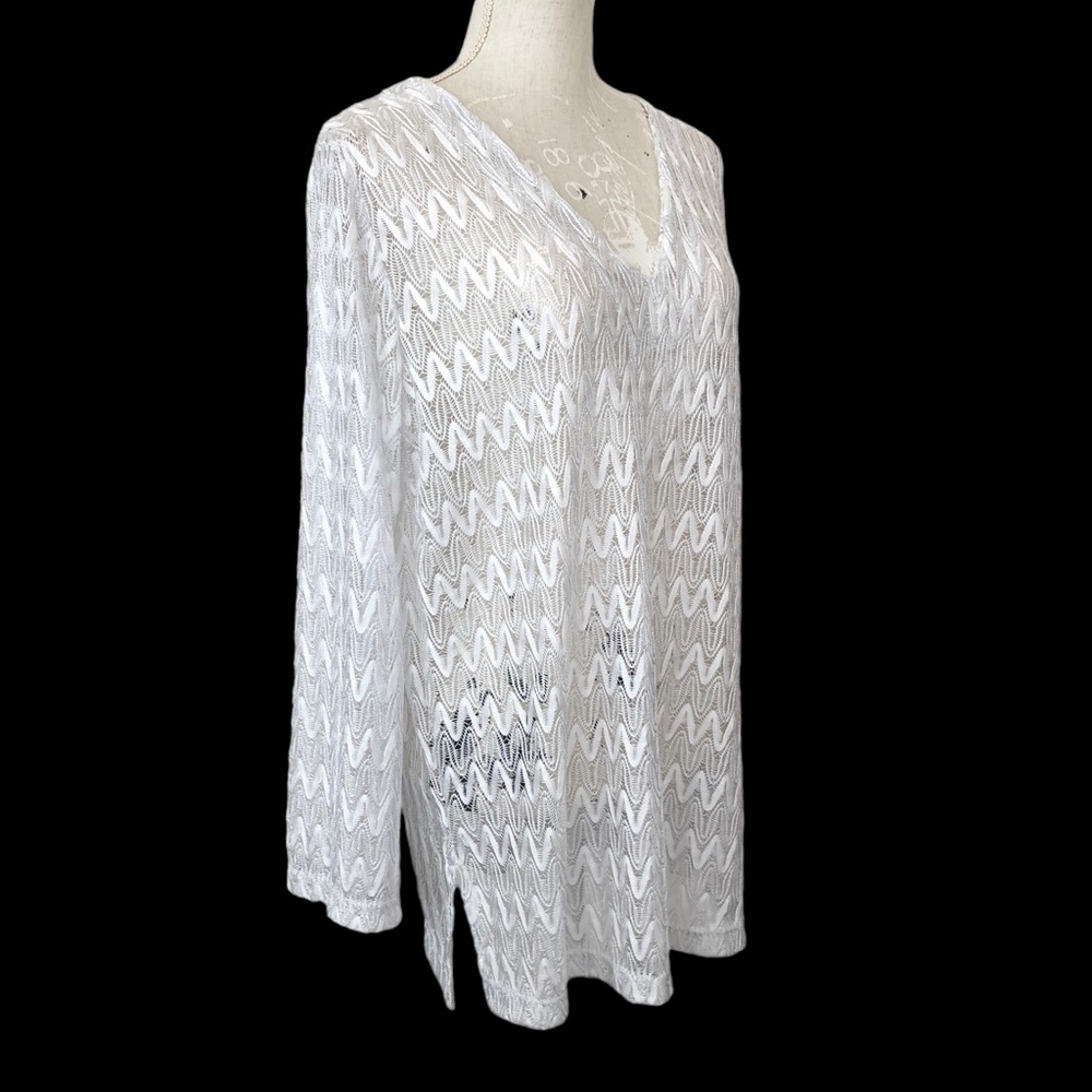 White Metallic Lace Zig Zag Chevron Pattern Sheer Swimsuit Tunic Coverup L